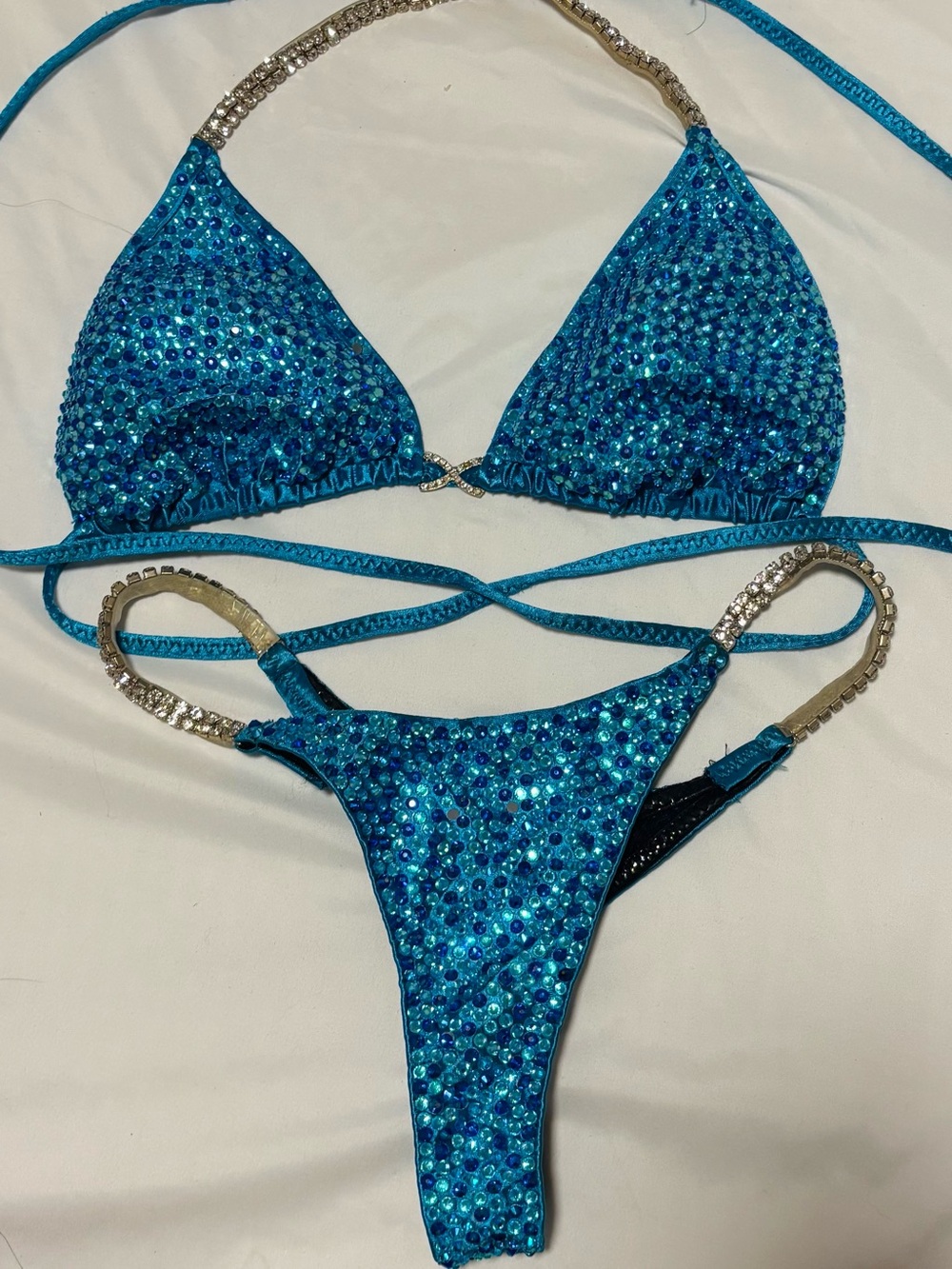 NPC Bikini Bodybuilding Competition Suit:Blue Crystal Embellished Women's Bikini